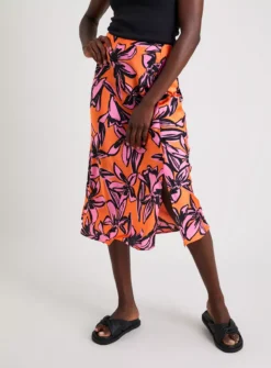 Orange & Pink Tropical Midi Skirt - 16 -GlamMode Store tuc141948671 Coral R Z001A