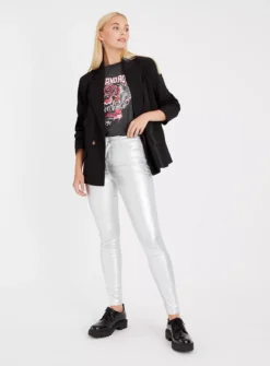 Metallic Silver Skinny Fit Jeans 14 9 Metallic Silver Skinny Fit Jeans 14 -GlamMode Store tuc143169663 Silver R Z002A