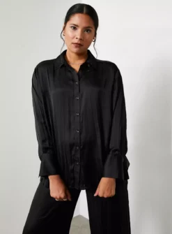 For All The Love Black Crushed Floaty Satin Co-ord Shirt 16 -GlamMode Store tuc143287694 Black R Z001A
