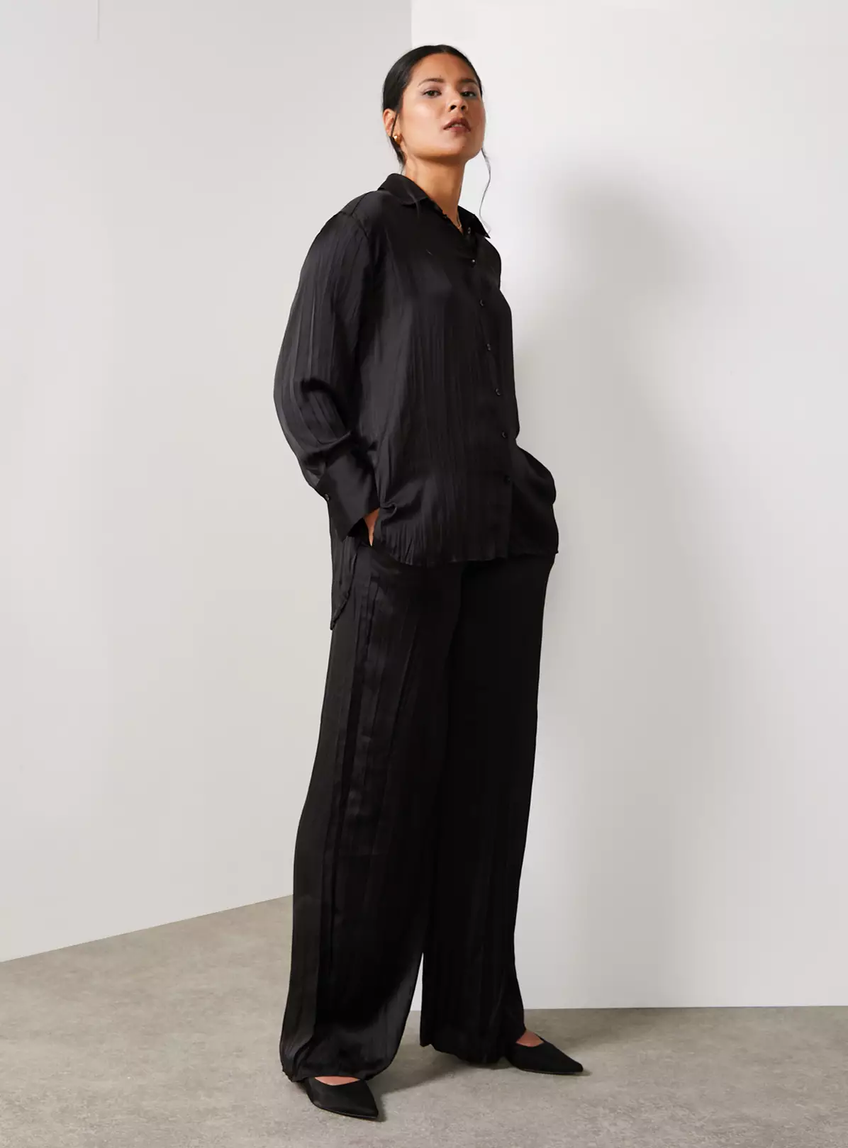 For All The Love Black Crushed Floaty Satin Co-ord Shirt 12 4 For All The Love Black Crushed Floaty Satin Co-ord Shirt 12 - Image 2