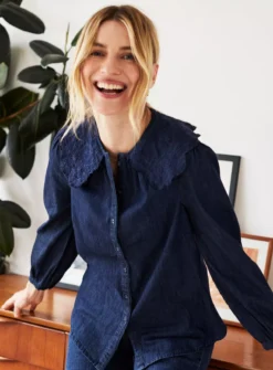 THOUGHT Asterope Organic Cotton Chambray Embroidered Shirt 18 -GlamMode Store tuc143344329 Blue R Z001A