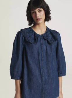 THOUGHT Asterope Organic Cotton Chambray Embroidered Shirt 18 -GlamMode Store tuc143344329 Blue R Z002A