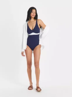 Navy Textured Colour Block Swimsuit26 -GlamMode Store tuc143452274 Navy R Z002A