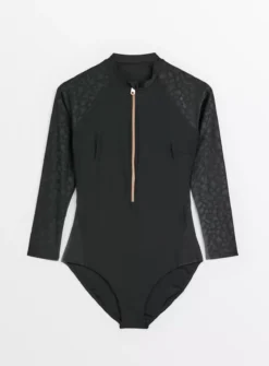 Black Zip-Through Leopard Long Sleeve Rash Suit 16 -GlamMode Store tuc143452944 Black R Z002A