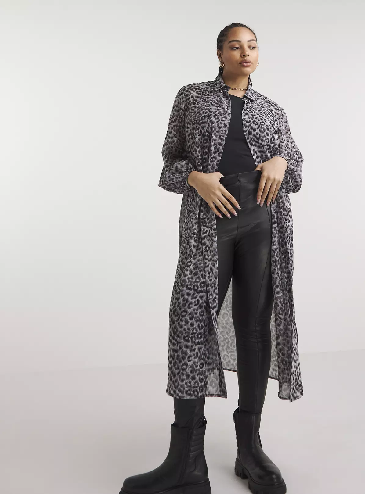 SIMPLY BE Grey Animal Sheer Longline Shirt 28 5 SIMPLY BE Grey Animal Sheer Longline Shirt 28 - Image 3