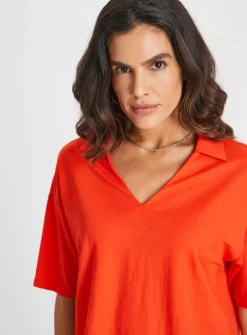 Red Boxy Jersey Shirt 24 -GlamMode Store tuc143607213 Red R Z003A