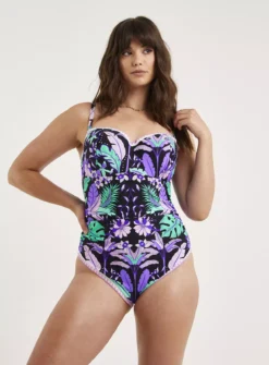 FIGLEAVES Frida Purple Floral Print Underwired Bandeau Swimsuit 40F -GlamMode Store tuc143644081 Purple R Z004A