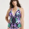 FIGLEAVES Frida Purple Floral Halter Swimsuit Regular Length 18
