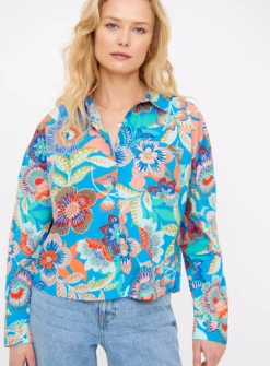 Blue Floral Print Boxy Shirt 16 -GlamMode Store tuc143666926 Multi20Coloured R Z001A