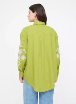 Chartreuse Embroidered Relaxed Fit Linen-Rich Shirt 10 -GlamMode Store tuc143702851 Khaki R Z004A