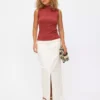 Ecru Denim Split Hem Maxi Skirt 18 -GlamMode Store tuc143830802 Cream R Z003A