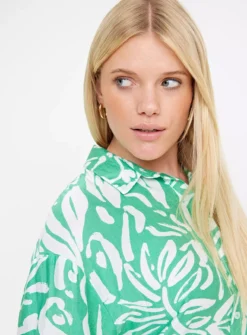 Green Leaf Print Oversized Shirt 20 -GlamMode Store tuc143878486 Multi20Coloured R Z003A