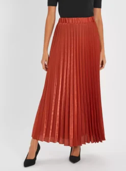 Rust Pleated Satin Maxi Skirt 8 -GlamMode Store tuc144069648 Chestnut R Z001A