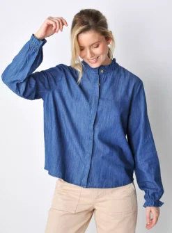 BURGS Pannier Womens Frill Long Sleeve Shirt Chambray 18 10 BURGS Pannier Womens Frill Long Sleeve Shirt Chambray 18 -GlamMode Store tuc144147853 Blue R Z001A