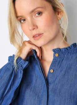 BURGS Pannier Womens Frill Long Sleeve Shirt Chambray 18 9 BURGS Pannier Womens Frill Long Sleeve Shirt Chambray 18 -GlamMode Store tuc144147853 Blue R Z003A