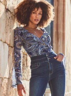 SOSANDAR Blue Conversational Mesh Printed Ruffle Shirt 16 -GlamMode Store tuc144171167 Blue R Z002A