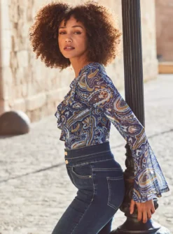 SOSANDAR Blue Conversational Mesh Printed Ruffle Shirt 16 -GlamMode Store tuc144171167 Blue R Z003A