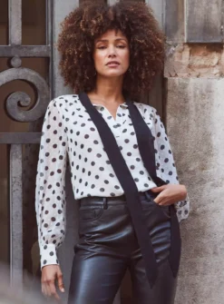 SOSANDAR White Spot Contrast Tie Neck Dobby Blouse In Polka Dot 16
