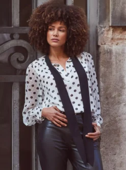 SOSANDAR White Spot Contrast Tie Neck Dobby Blouse In Polka Dot 16 -GlamMode Store tuc144171992 Multi20Coloured R Z004A