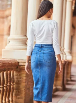 SOSANDAR Mid Blue Denim Buckle Detail Midi Skirt 20 -GlamMode Store tuc144371370 Blue R Z003A