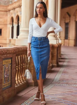 SOSANDAR Mid Blue Denim Buckle Detail Midi Skirt 12