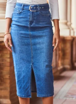 SOSANDAR Mid Blue Denim Buckle Detail Midi Skirt 12 -GlamMode Store tuc144371370 Blue R Z005A 1