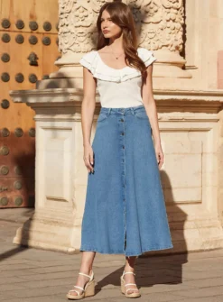 SOSANDAR Bright Blue Button Through Full Denim Skirt 14 -GlamMode Store tuc144535784 Blue R Z001A 1