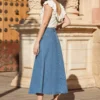 SOSANDAR Bright Blue Button Through Full Denim Skirt 16 -GlamMode Store tuc144535784 Blue R Z003A
