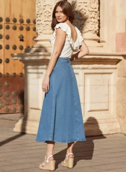 SOSANDAR Bright Blue Button Through Full Denim Skirt 16