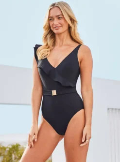 SOSANDAR Black Ruffle Detail Belted Swimsuit 18 -GlamMode Store tuc144536621 Black R Z002A